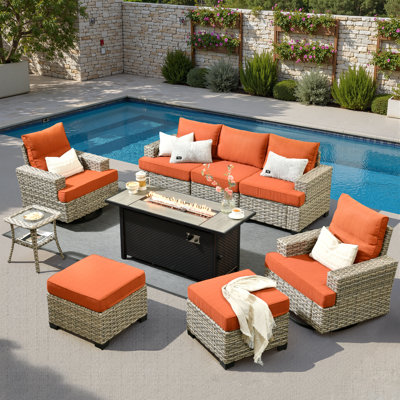 Ensemble de conversation modulaire d'extérieur en osier 7 personnes avec chaises pivotantes et coussins, ensemble de conversation pour patio avec foyer