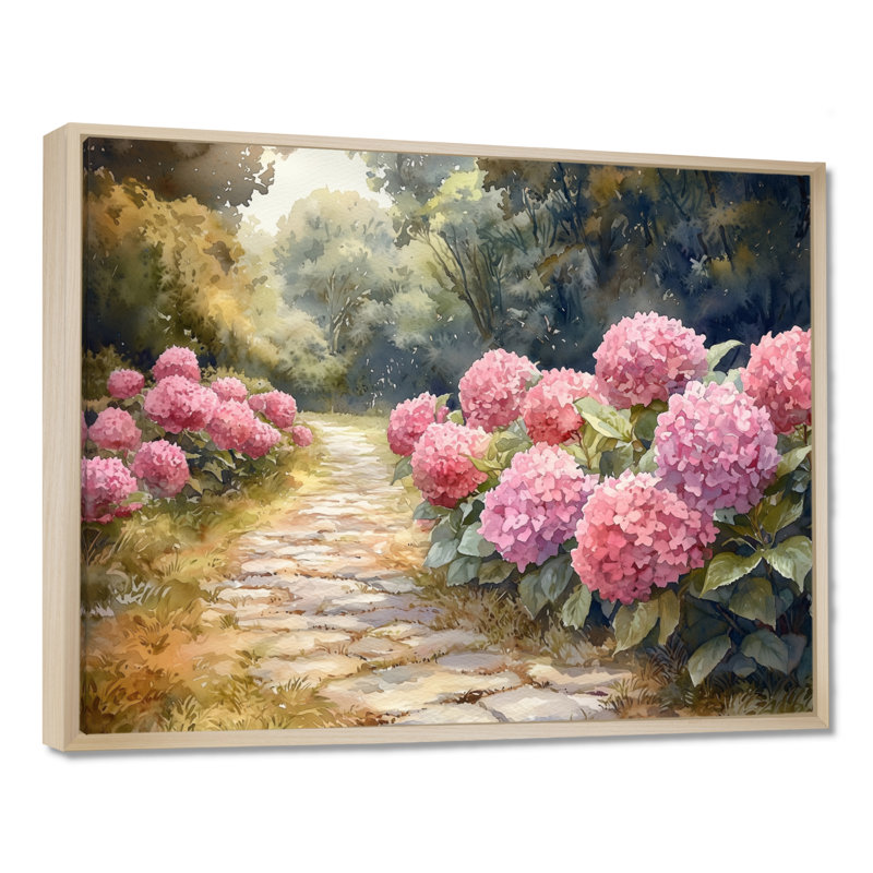 Hydrangeas By The Stone Path I - Hydrangea Wall Art for Living Room, H 12 po x l 20 po, Impression encadrée flottante