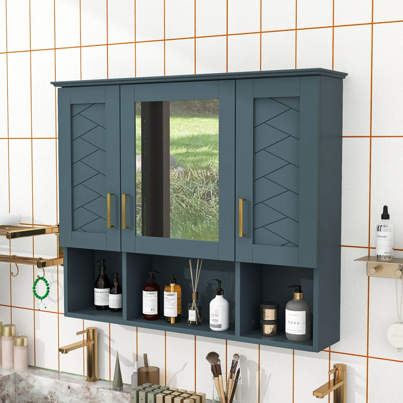 Armoire à pharmacie murale luxueuse avec réflexion haute définition et tablettes réglables, Bleu