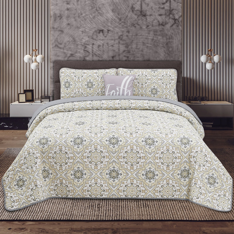Ensemble de courtepointe réversible en microfibre 4 pièces Gryson, Taupe, Courtepointe pour lit simple et 2 taies décorativ