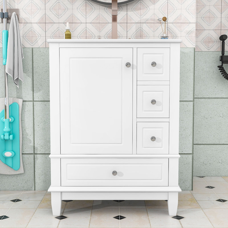 Meuble-lavabo en bois avec lavabo, tiroirs de rangement et tablettes de porte internes en bois, Blanc