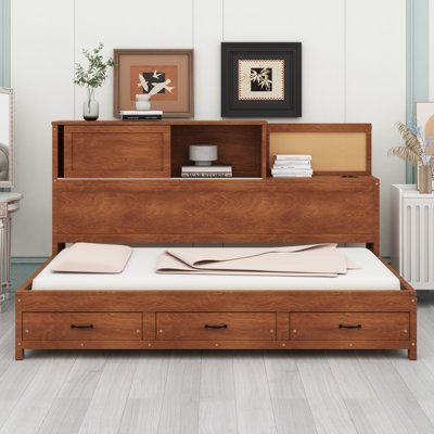 Wooden Daybed With 3 Storage Drawers, Upper Soft Board, Shelf, And A Set Of Sockets And USB Ports