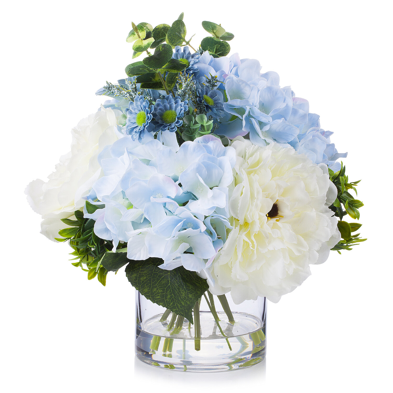 Rose and Hydrangea Faux Flower Arrangement With Clear Glass Vase and Fake  Water