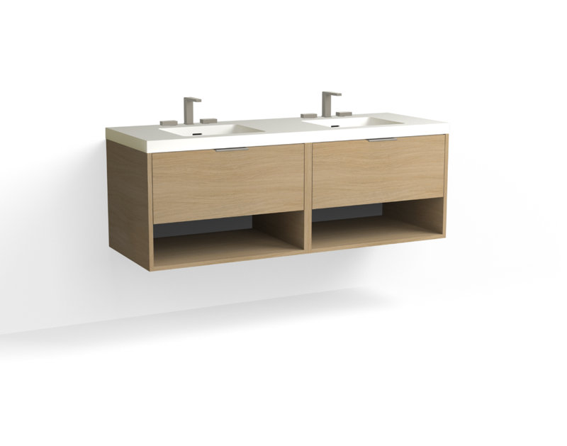 Modo 60" W Wall Mounted Double Bathroom Vanity, Matte White/Single, White Acrylic, Satin Nickel