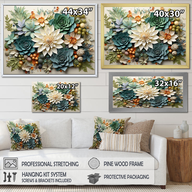 Plantes vertes succulentes sereines - Art mural, H 34 po x l 44 po, Cadre photo unique, Doré