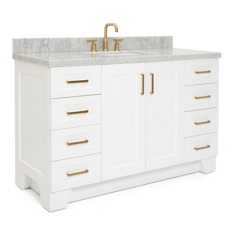 Freitas 55'' Solid Wood Single Bathroom Vanity in White with 1.5'' Carrara Marble Top, Center, Rectangle Sink, Rectangle