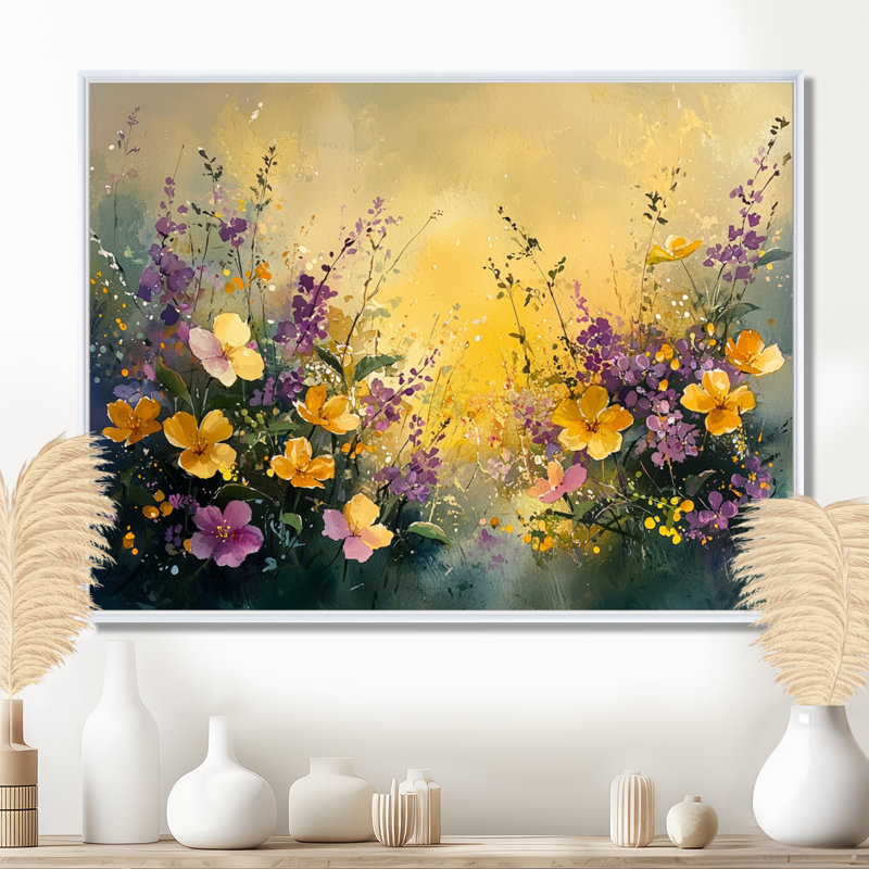 Ireneo Golden Wildflowers Greenish Horizons I - fleurs sauvages, art mural, H 34 po x l 44 po, Impression encadrée flottante