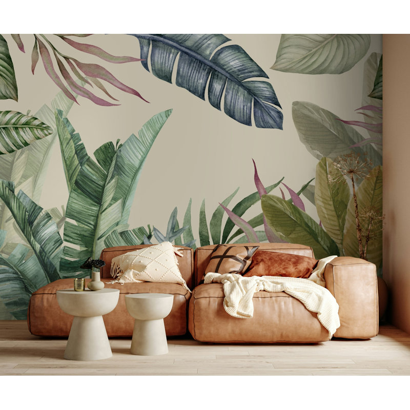 Papier peint aquarelle feuille de palmier tropical vert beige, L 105,96 po x l 187 po