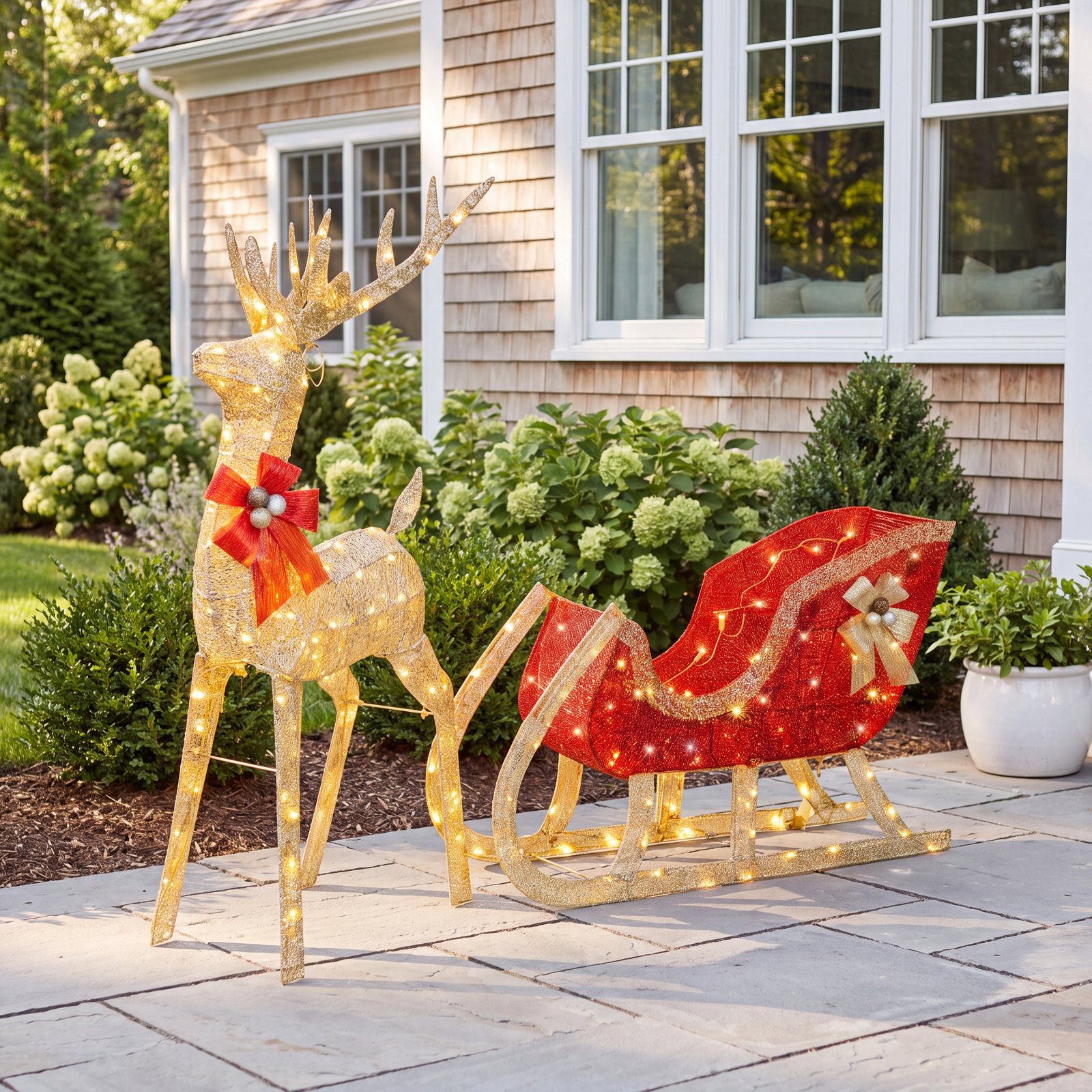 Lighted Reindeer Sleigh Yard Display, 48"H x 70"W x 15"D, Gold