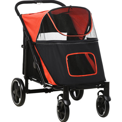 Red Stroller For Big Dogs, Foldable, Breathable Mesh, Storage Compartment, Leash Medium Large Dog Walking In Red, Quick Fold, Shock Absorbent, With And Mesh