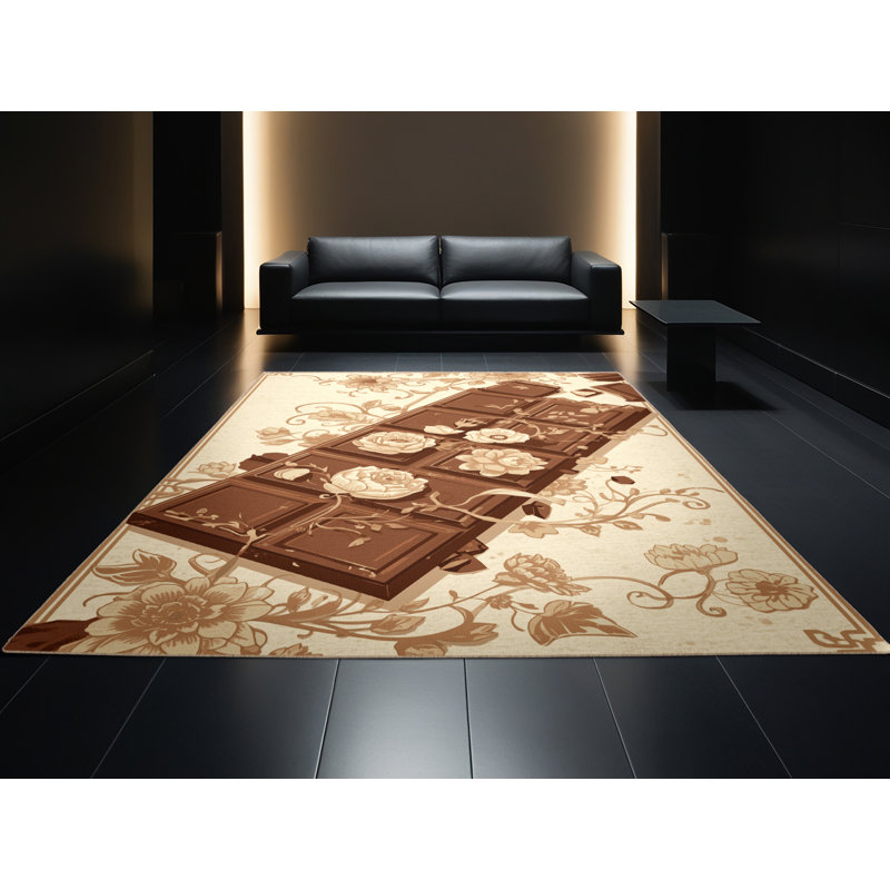 Machine Washable Kirkwood Chocolate Bar Classic Floral Rug in Beige – Beige Binding, 5x8