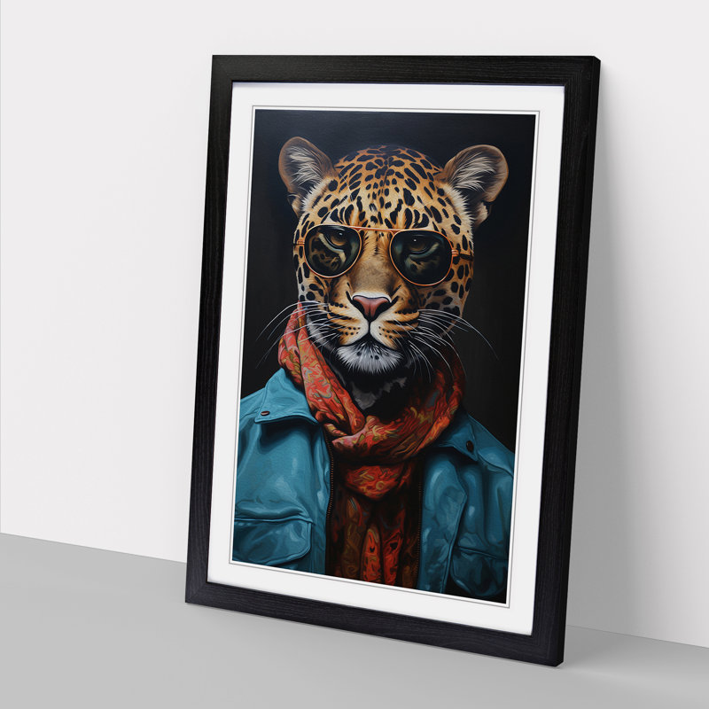 Leopard With Glasses Painting - Single Picture Frame Print on Wood, Black Framed, 46cm H x 34cm W x 2cm D