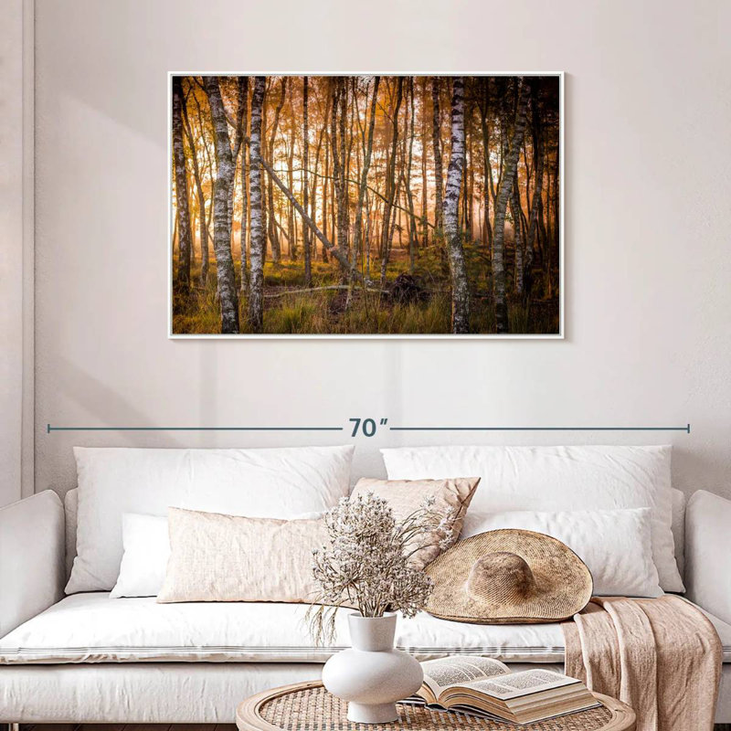 Forêt de bouleaux sombre, Cadre flottant blanc, 43 po x 29 po