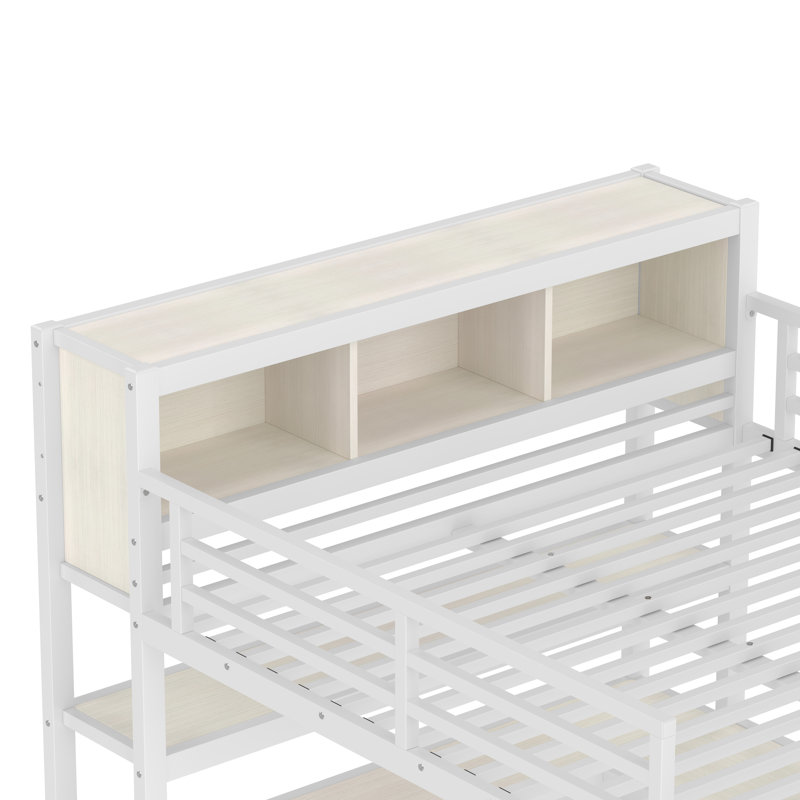 Lit mezzanine en métal avec garde-robe et bureau en forme de L, lit mezzanine grand format avec cubes de rangement et tablettes, lit mezzanine robuste pour adultes