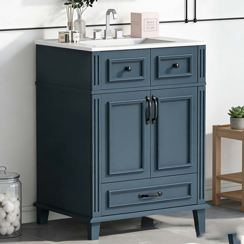 Meuble-lavabo de salle de bain avec lavabo en céramique, armoire de rangement en bois massif, 24'Blue