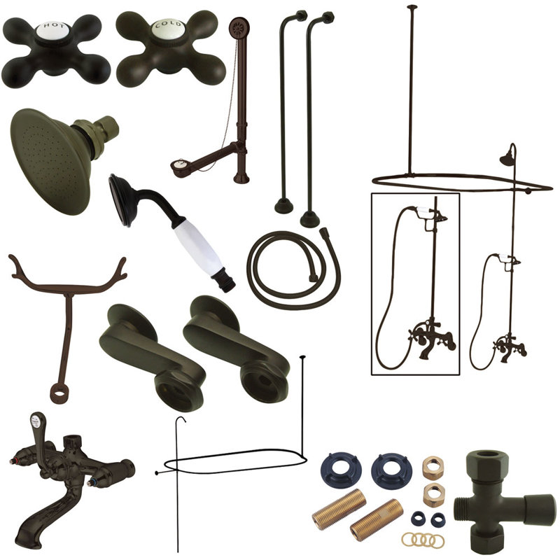 Vintage Triple Handle Wall Mounted Clawfoot Tub Faucet with Handshower, Oil Rubbed Bronze