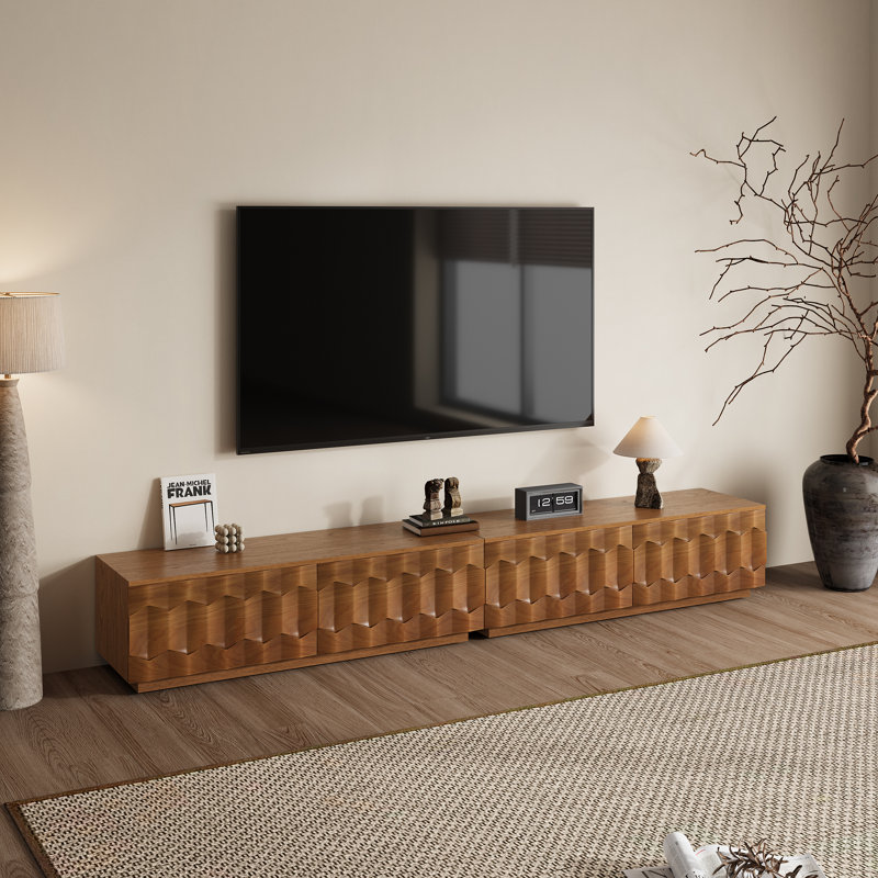 Meuble télé 94,5 po avec rangement, 4 tiroirs, façades en bois texturé et finition chêne, H 13,60 po x l 94,50 po x P 15 po