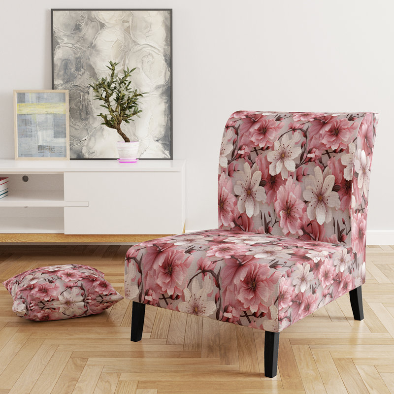 Pink And White Carnation Blossoming Grace - Upholstered Farmhouse Slipper Chair, Rustic Floral Accent Chair