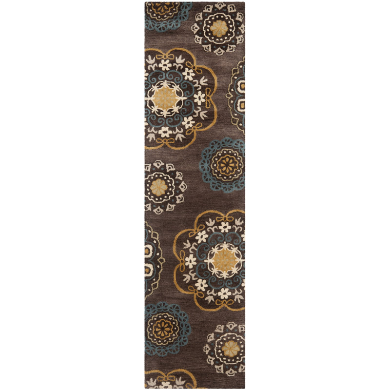 Amory Hand Tufted Wool/Cotton Floral Rug in Brown/Blue, Runner 2'3" x 9'