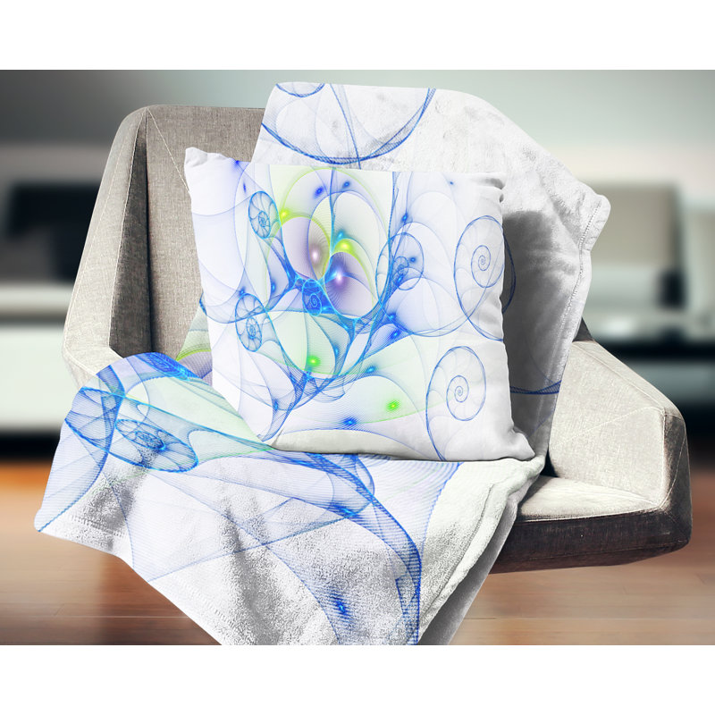 Curly Spiral - coussin abstrait imprimé, 18 po x 18 po, Blanc / bleu, Coussin décoratif
