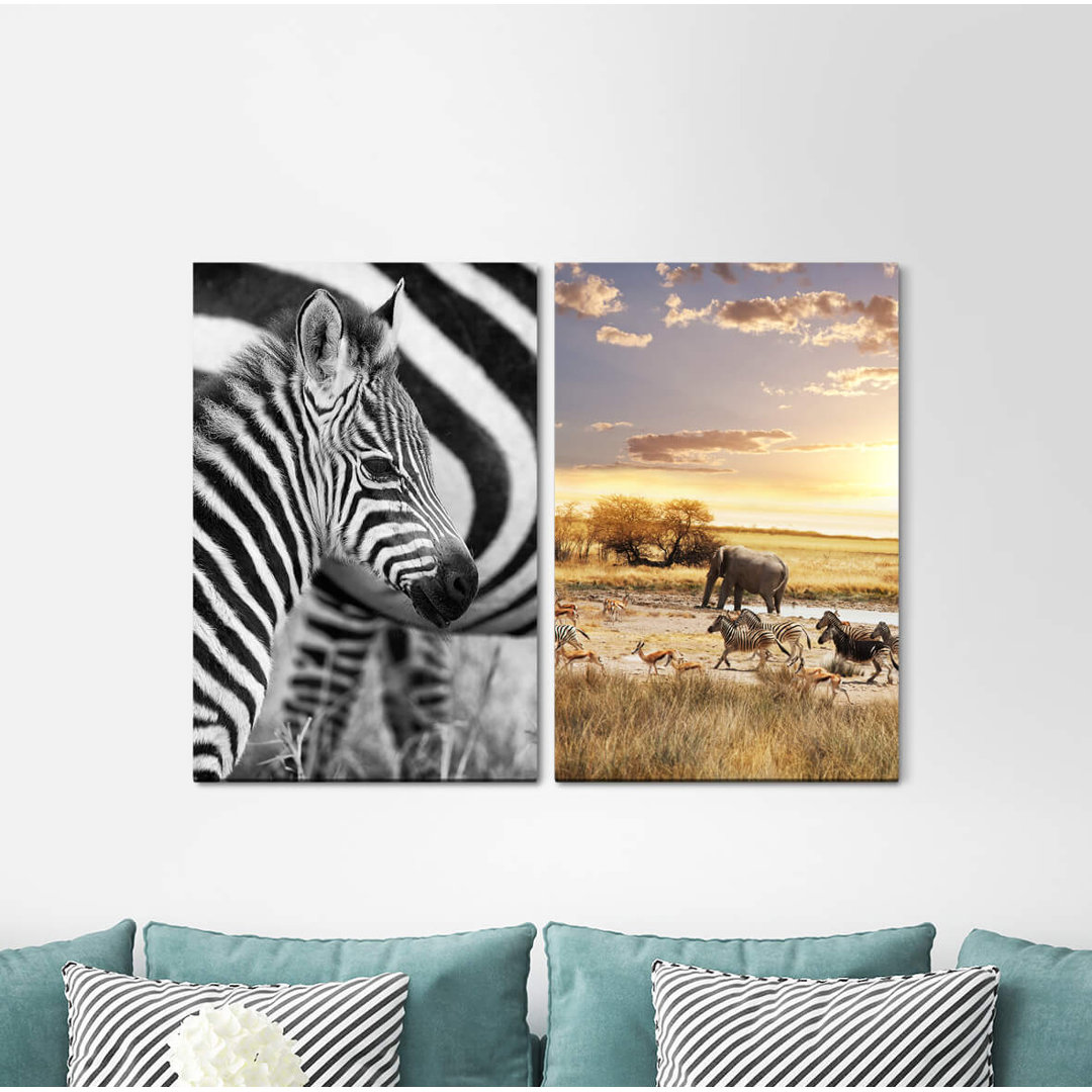 2-tlg. Leinwandbilder-Set - Fotografie „Zebra Baby Africa Wilderness Animals Safari Elephant Sun”