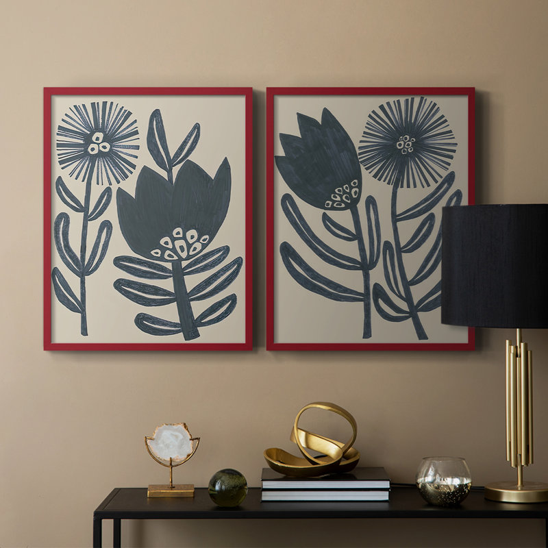 «Blockprint Folk Flowers I», reproduction encadrée de qualité supérieure - prête à être accrochée - aucun clou requis - aucun clou requis