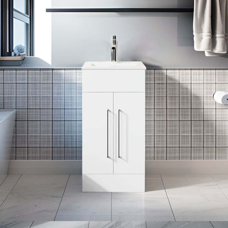 Armoire de salle de bain moderne autoportante avec lavabo encastré blanc à 2 portes Goodino