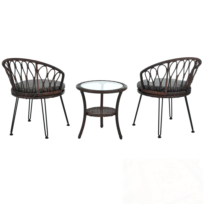 Outdoor Leisure Set with 2 Rattan Single Chairs and Glass Round Table, Gray
