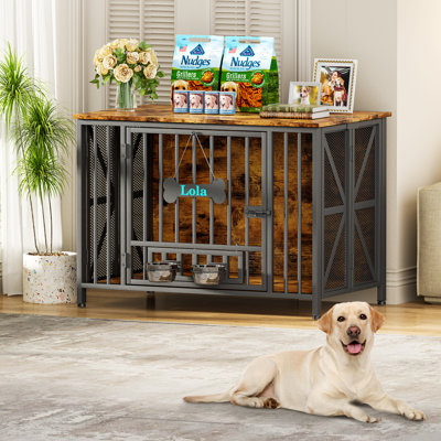 Large Foldable Dog Crate Furniture, Assembly-Free Dog Crate With Adjustable Bowls And Name Tag For Small, Medium, Large Dog