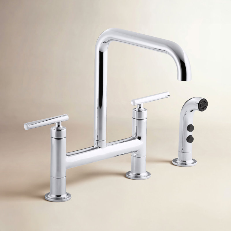 Kohler Purist® Two Handle Deck-Mounted Bridge Kitchen Sink Faucet with Pull Out Side Sprayer, Polished Chrome