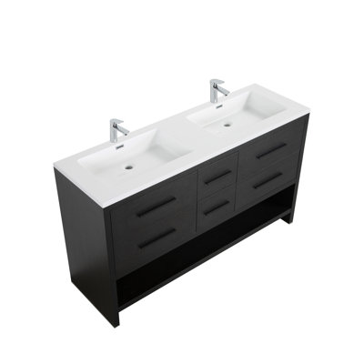 Meuble-lavabo autoportant à 6 tiroirs l 72 po x P 19 po avec double lavabo et comptoir en polymère blanc Cessily