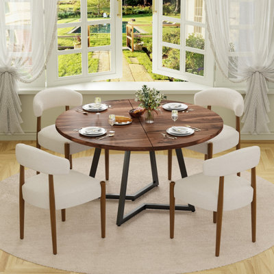 47in Modern Farmhouse Round Walnut Dining Table Set, Scratch‑Resistant Solid Wood Table & 4/6 Fabric Padded Rubber Wood Chairs for Kitchen Dining Room