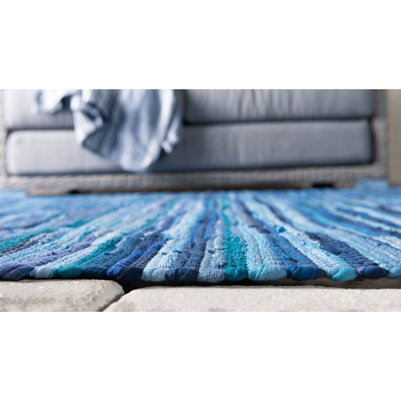 Handmade Navy Blue Stripe Braided Cotton 2'x3' Indoor Rug
