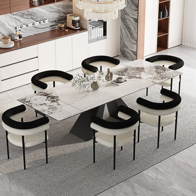 Ensemble de salle à manger de table de salle à manger avec accoudoirs rembourrés en tissu 94,5 po, 7 Pieces: Table, 6 Chairs