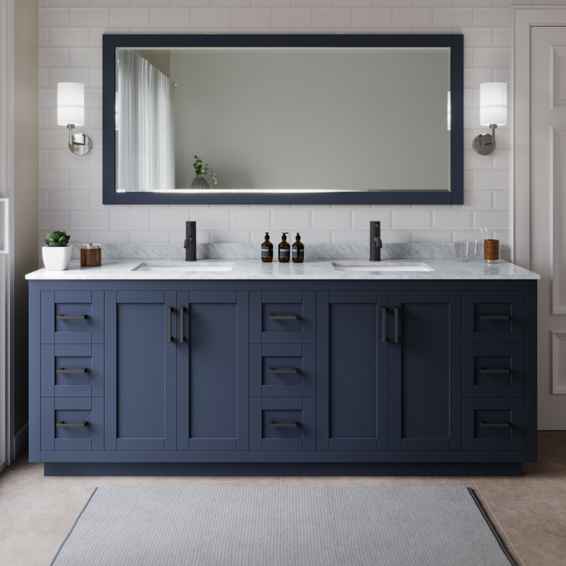 Miranda 84" Freestanding Double Bathroom Vanity with Marble Top, Dark Blue, Matte Black