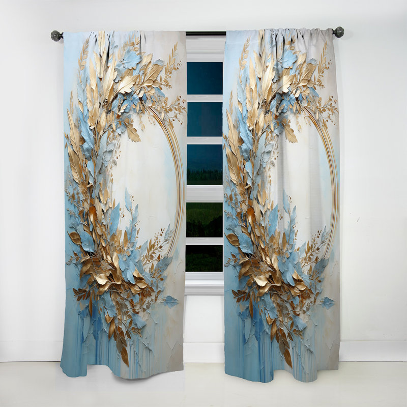 Blue and Gold Wreath Flower - Wreath Curtain - Velvet Room Darkening - 1 Panel, 52" W x 63" L