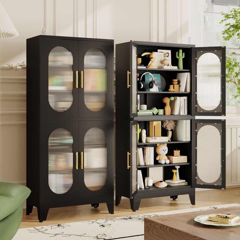 Metal Accent Storage Cabinet Tall with 4 Acrylic Glass Doors 4 Adjustable Shelves for  Kitchen, Laundry Room, Living Room