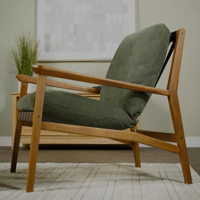 Mid Century Solid Wood Lounge Chair, Moss Green Linen Blend, Charcoal