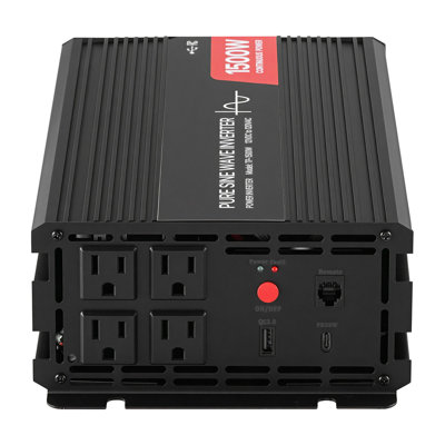 Onduleur 1500 W à onde sinusoïdale pure, convertisseur de chargeur de voiture 12V DC à 120V AC avec télécommande, ports USB à chargement rapide et Type-C pour camping-car, camion, camping