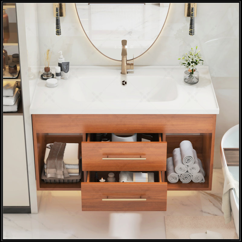 Meuble-lavabo simple de style moderne Mid-Century avec lavabo encastré en céramique intégré et rangement intelligent