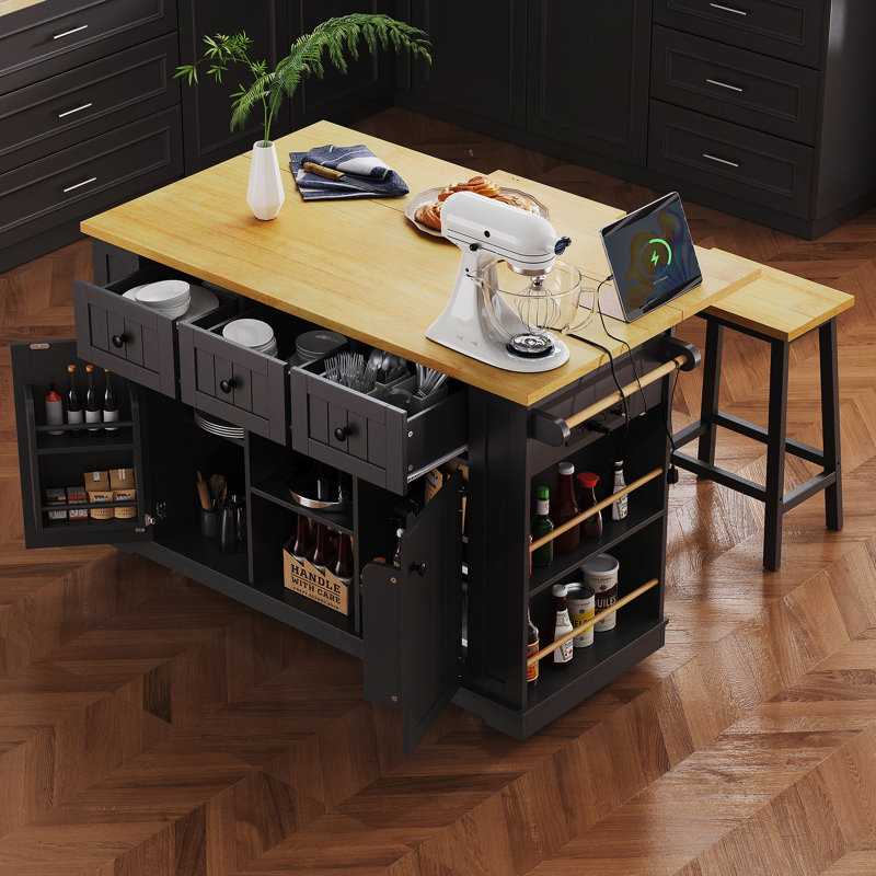 Grand îlot de cuisine de 53 pouces avec rallonge, prise de courant, support de rangement interne pour porte, chariot de cuisine sur roulettes sur 5 roulettes avec 5 supports latéraux ouverts pour la cuisine, la salle à manger, noir (ne comprend pas les tabourets de bar)