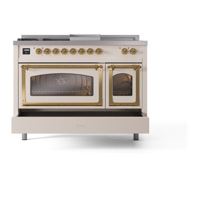 ILVE Nostalgie II Noblesse 48 inch Dual Fuel Range (5 Sealed Burners + Griddle + French Top, Triple Glass Door)