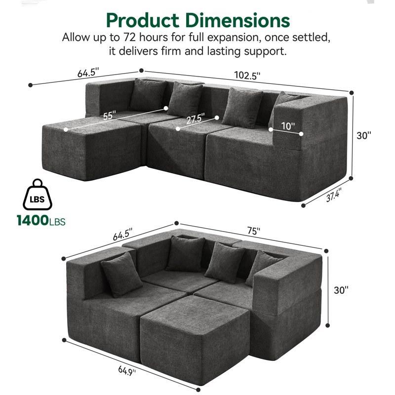 Canapé modulaire modulaire sans os avec 1 repose-pieds, canapé rembourré minimaliste moderne, canapé confortable en forme de U pour le salon, canapé d'angle à siège profond, aucun assemblage requis