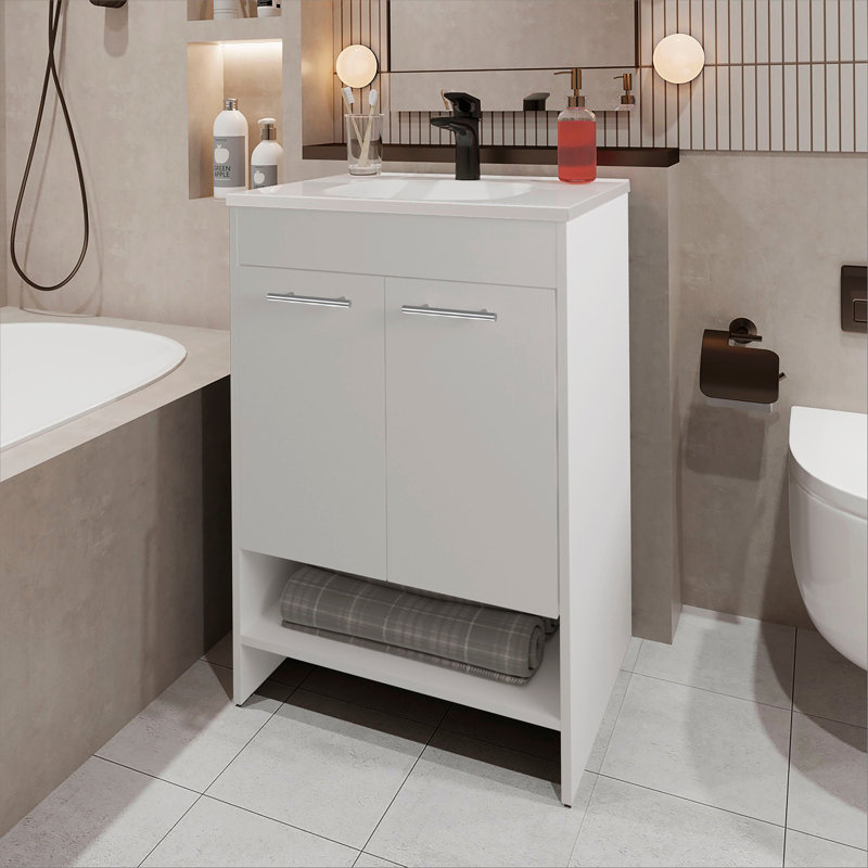 Meuble-lavabo blanc à 2 portes avec rangement ouvert, Blanc