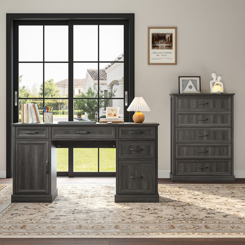 Ensemble de bureau, bureau d'écriture et classeur 2 pièces Hailiey, Gris