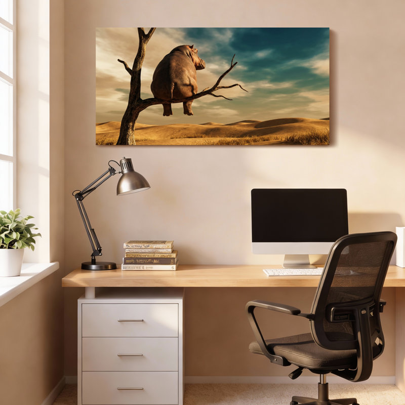 Hippopotame sur un arbre, paysage désertique, toile tendue, ensemble de 1, H 24 po x l 48 po