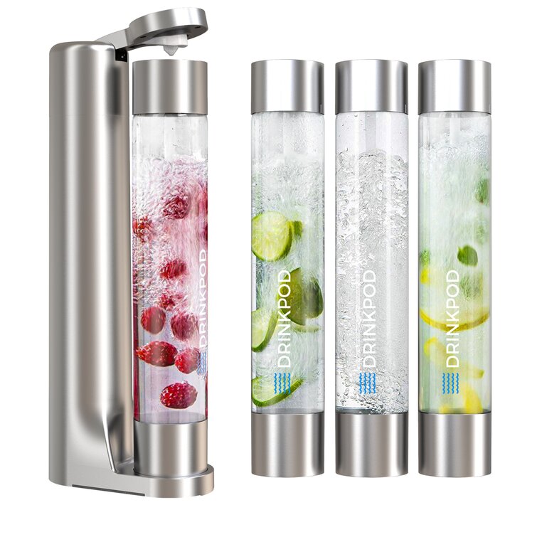 Fizzpod One Touch Sparking Soda Maker Machine with 3 Bottles- Silver