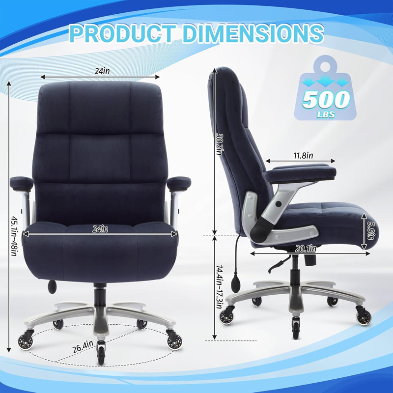 Fauteuil de direction robuste pour les grands et grands 500 lb - Dossier haut ergonomique avec soutien lombaire réglable, siège en tissu extra large, accoudoirs rabattables en 2d et roulettes en caoutchouc silencieuses
