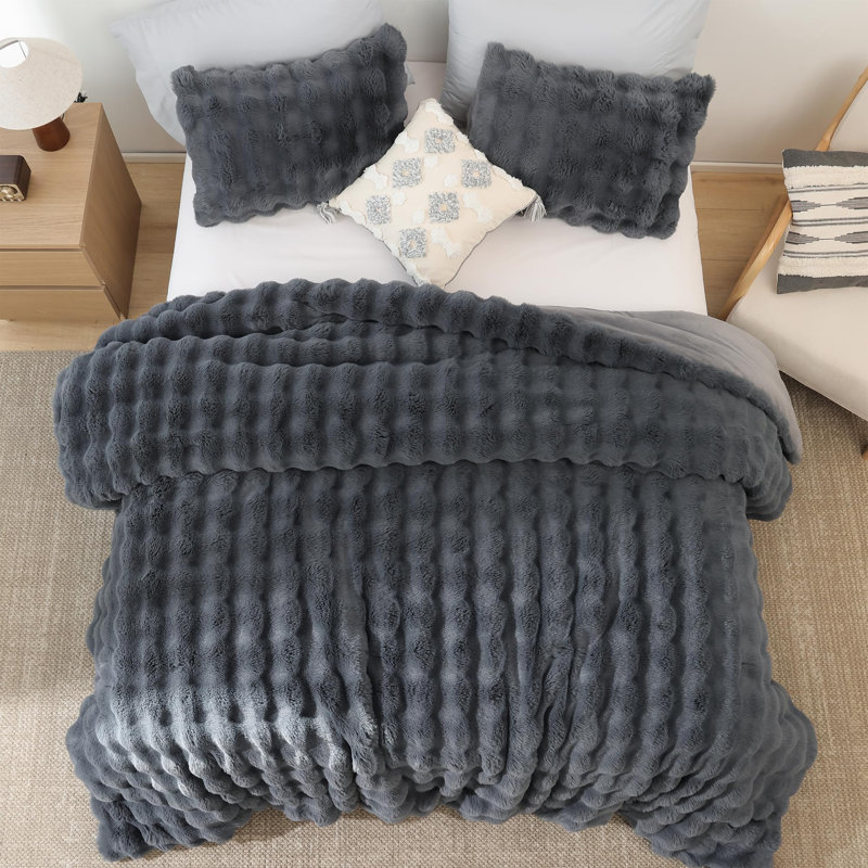 Fluffy Comforter Set 3 Pieces- Ultra Soft & Warm Faux Fur Comforter With Two Pillowcases For Winter, Dark Gray