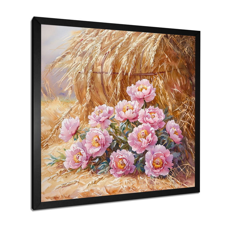 Pivoines près de la meule de foin - pivoines, art mural, Reproduction encadrée d'une seule photo, H 30 po x l 30 po